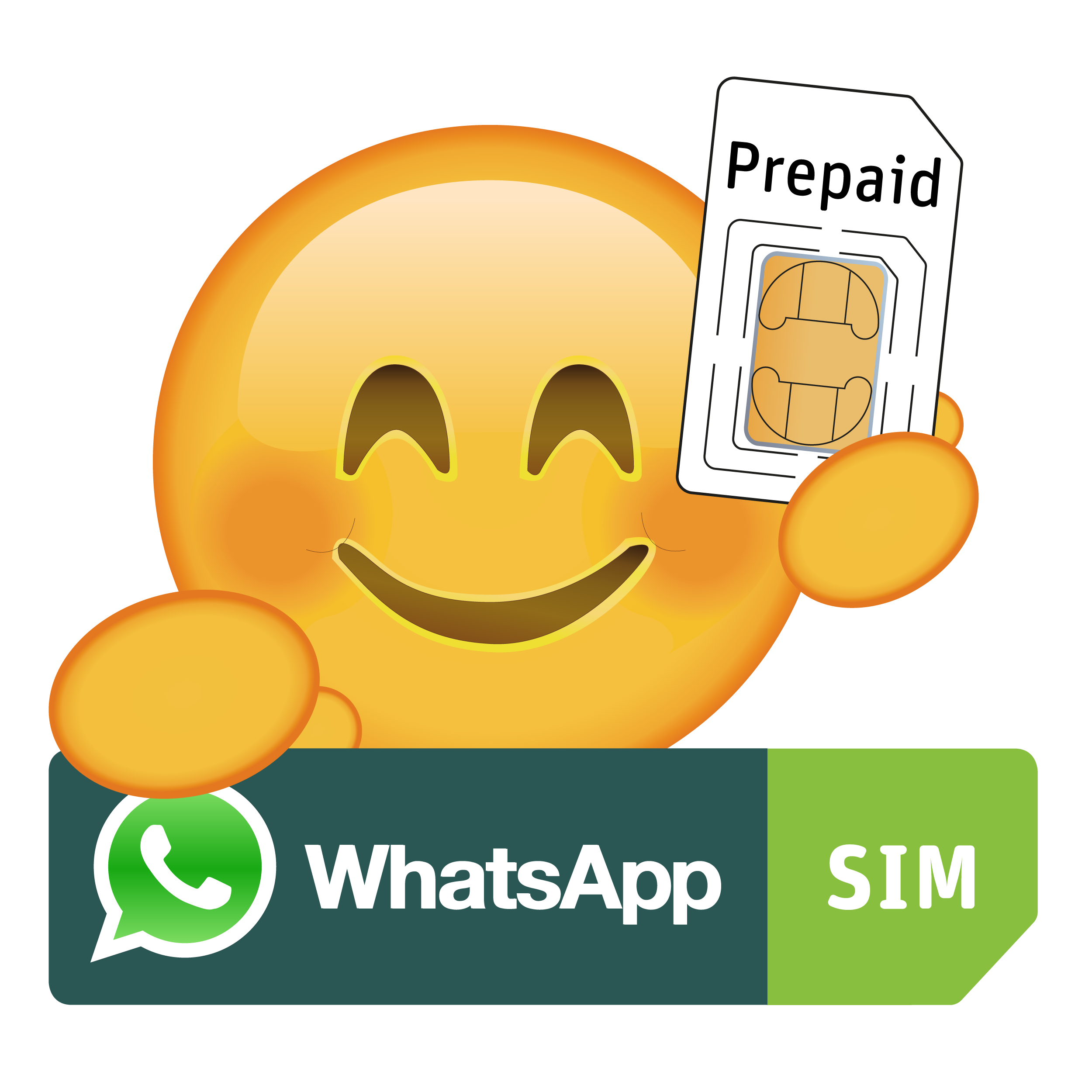 Lächelndes WhatsApp SIM Icon hält Prepaid Karte 