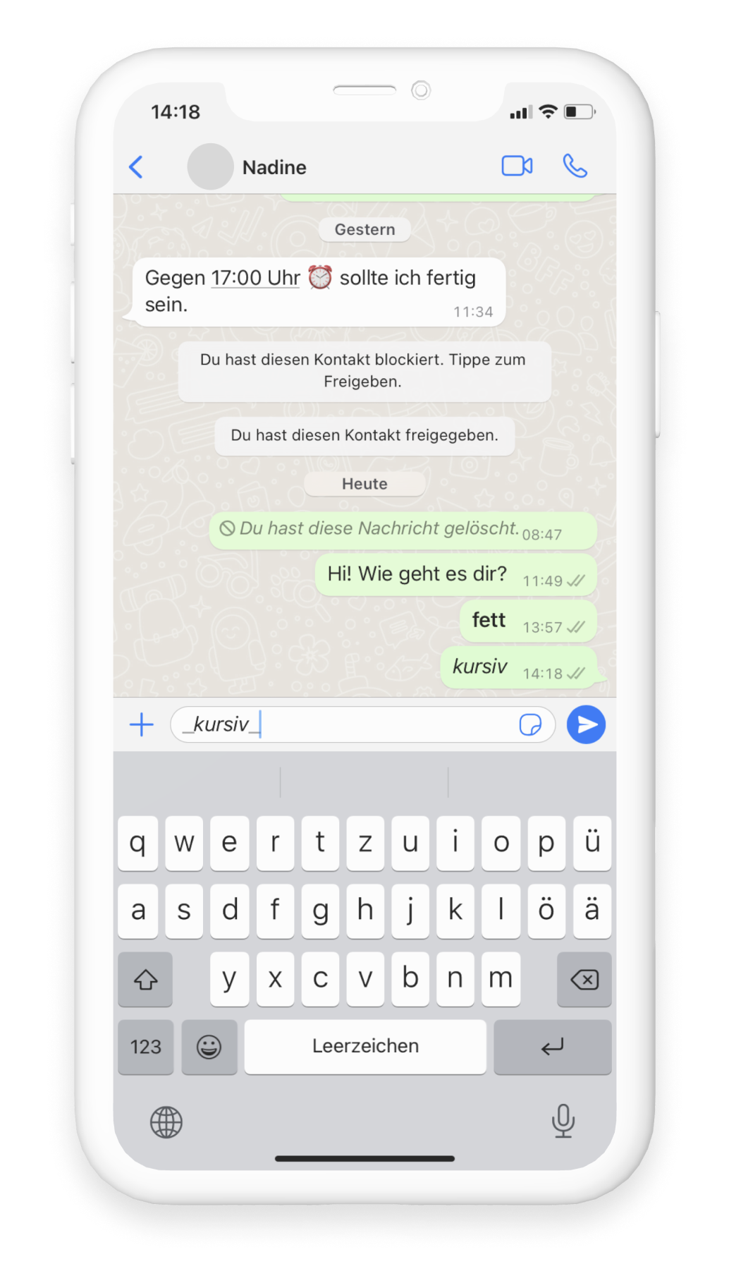Ein Screenshot eines WhatsApp Chats, im Eingabefeld wurde "_kursiv_" geschrieben.