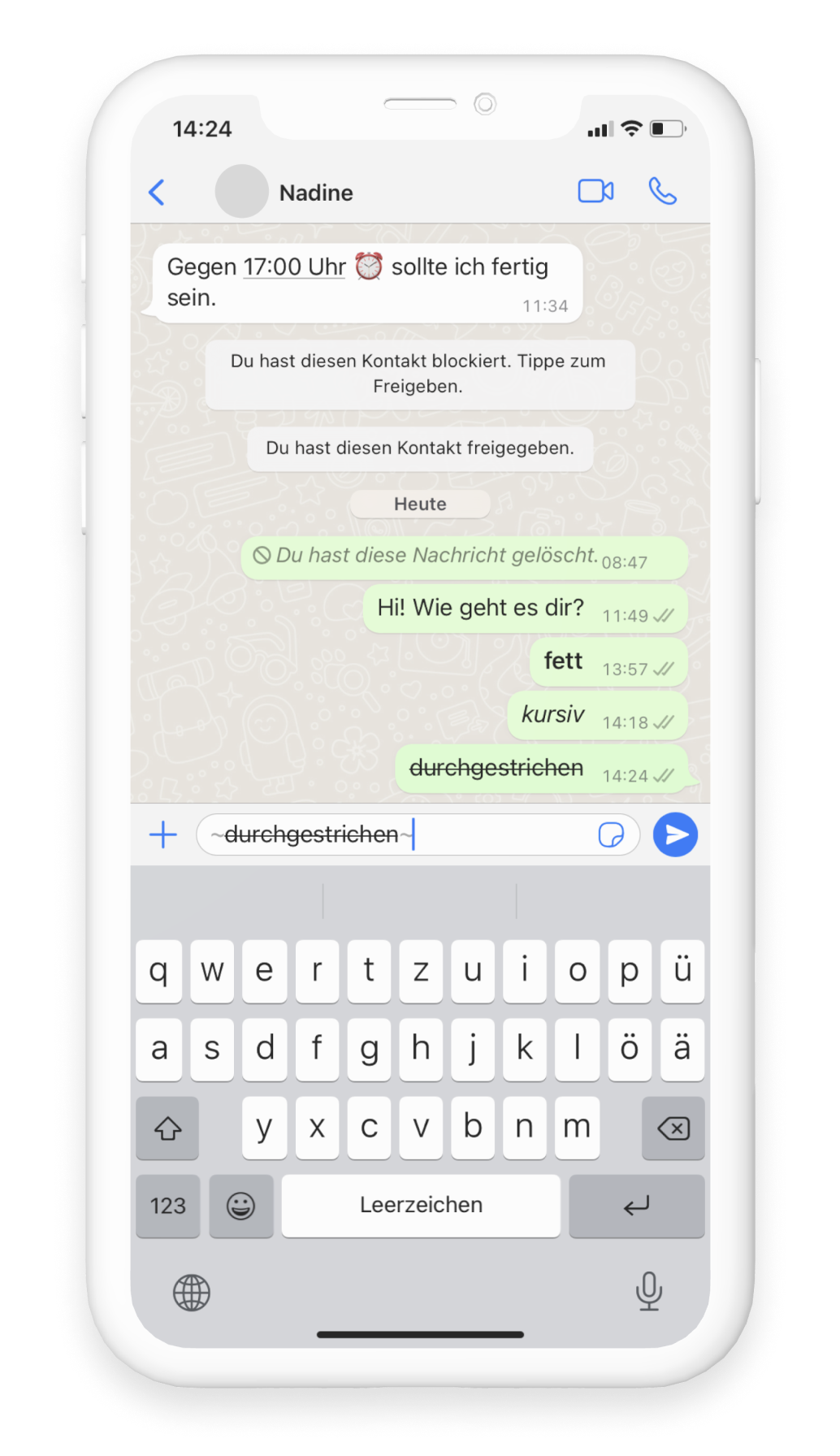 Ein Screenshot eines WhatsApp Chats, im Eingabefeld wurde "~durchgestrichen~" geschrieben.