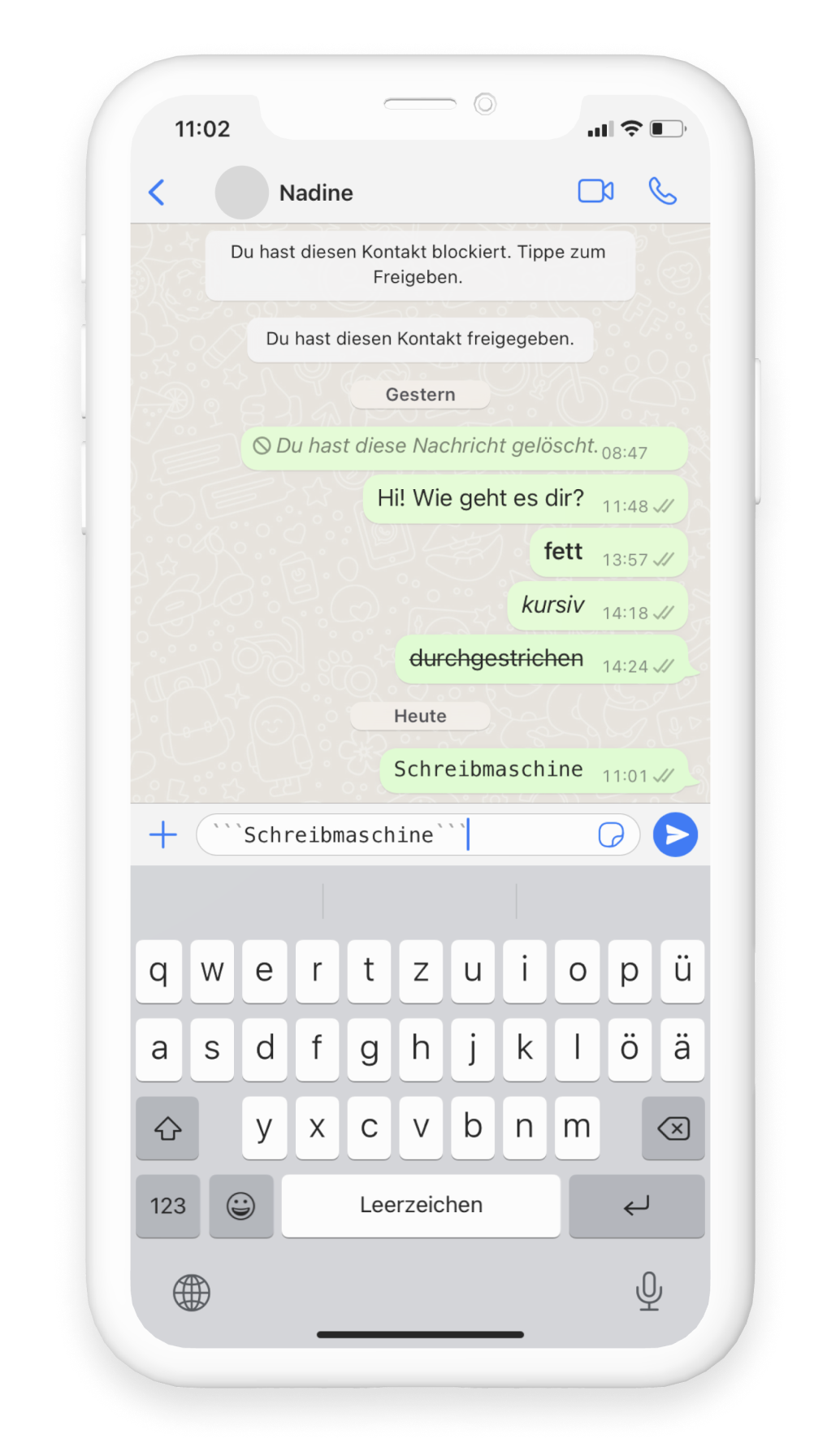 Ein Screenshot eines WhatsApp Chats, im Eingabefeld wurde "'''Schreibmaschine'''" geschrieben.