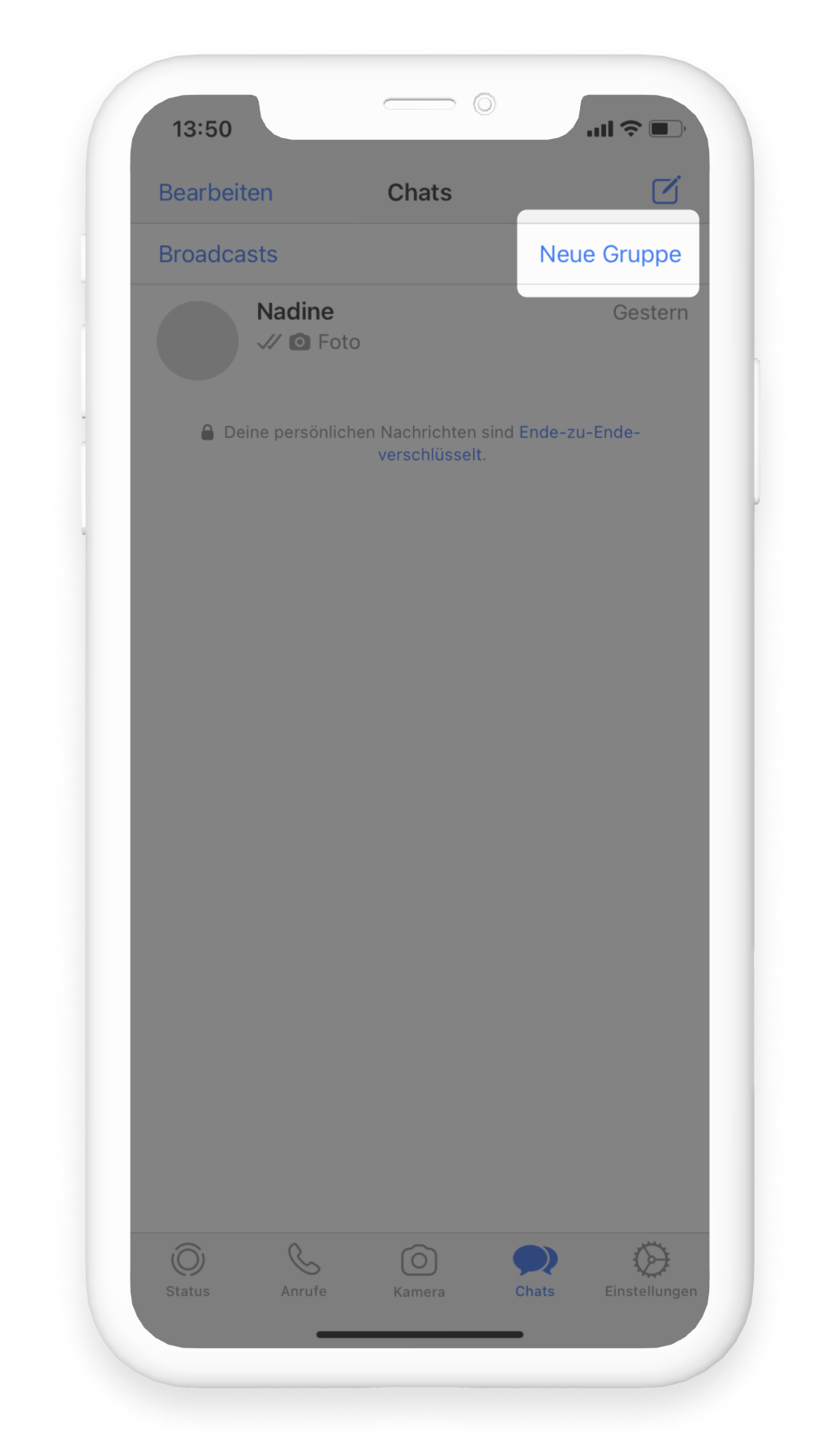 WhatsApp Gruppen über den Button "Neue Gruppe" in der Menü-Leiste erstellen