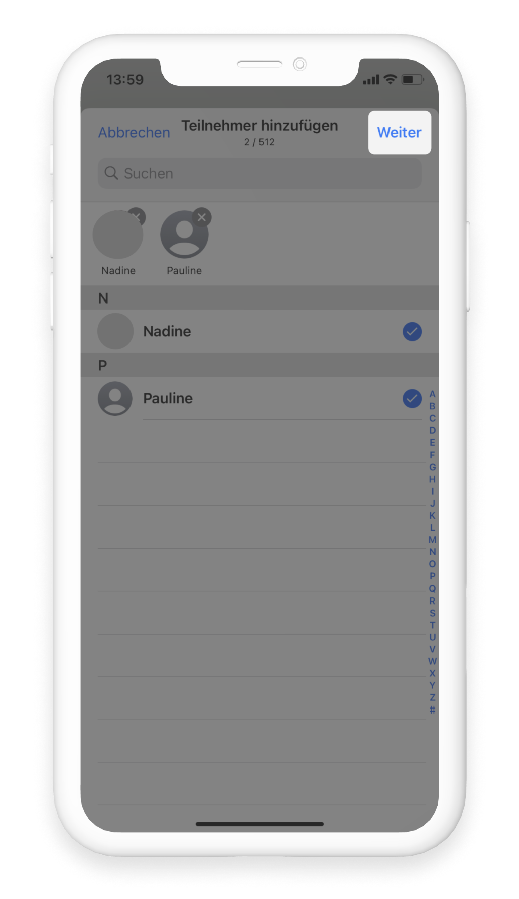 Mitglieder bei der Erstellung einer neuen WhatsApp Gruppe auswählen und "weiter" bestätigen