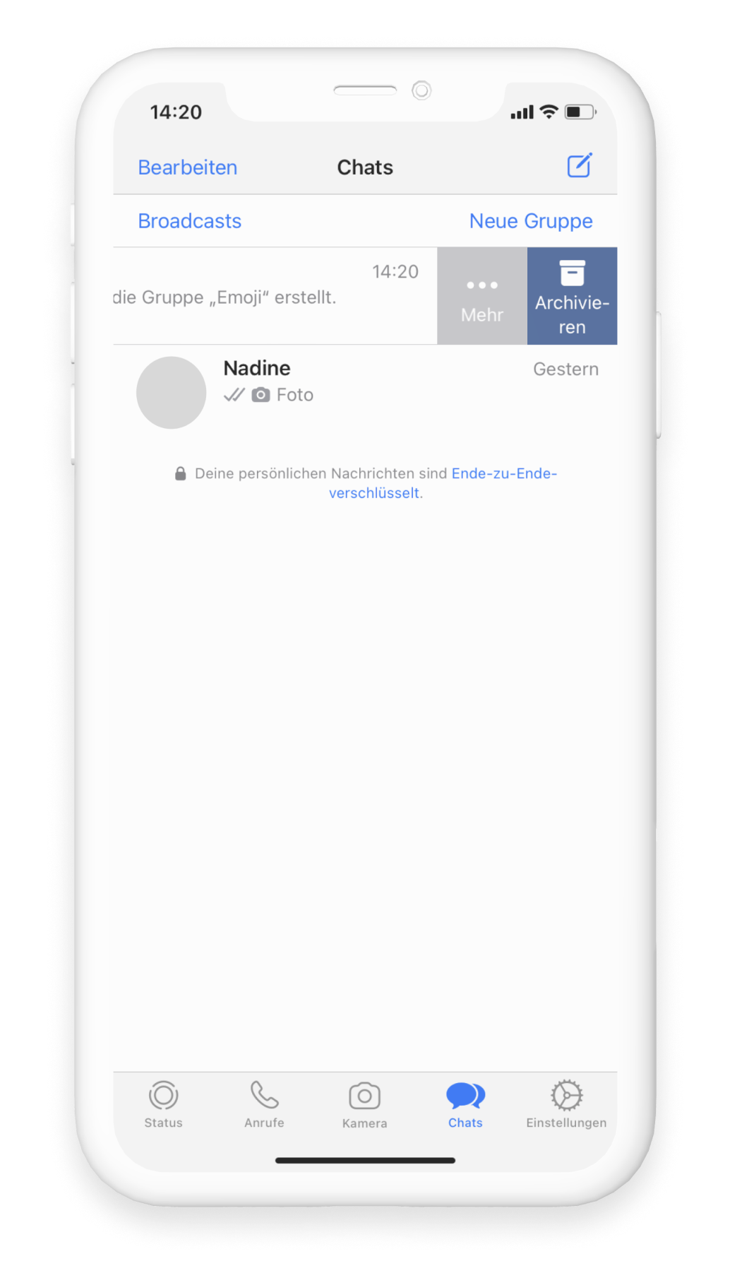 WhatsApp Gruppe mit dem Wischen über die Gruppe in der Chat-Ansicht löschen