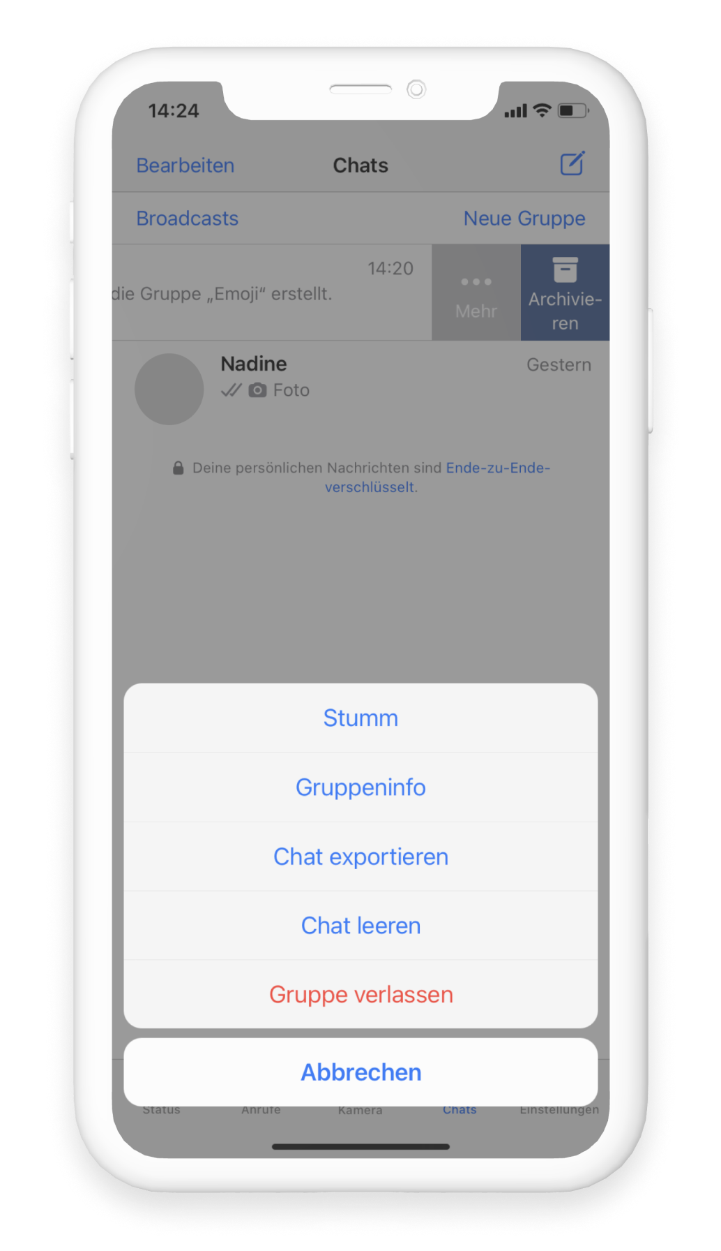 Durch die Auswahl von "Gruppe verlassen" kann man aus einer WhatsApp Gruppe austreten