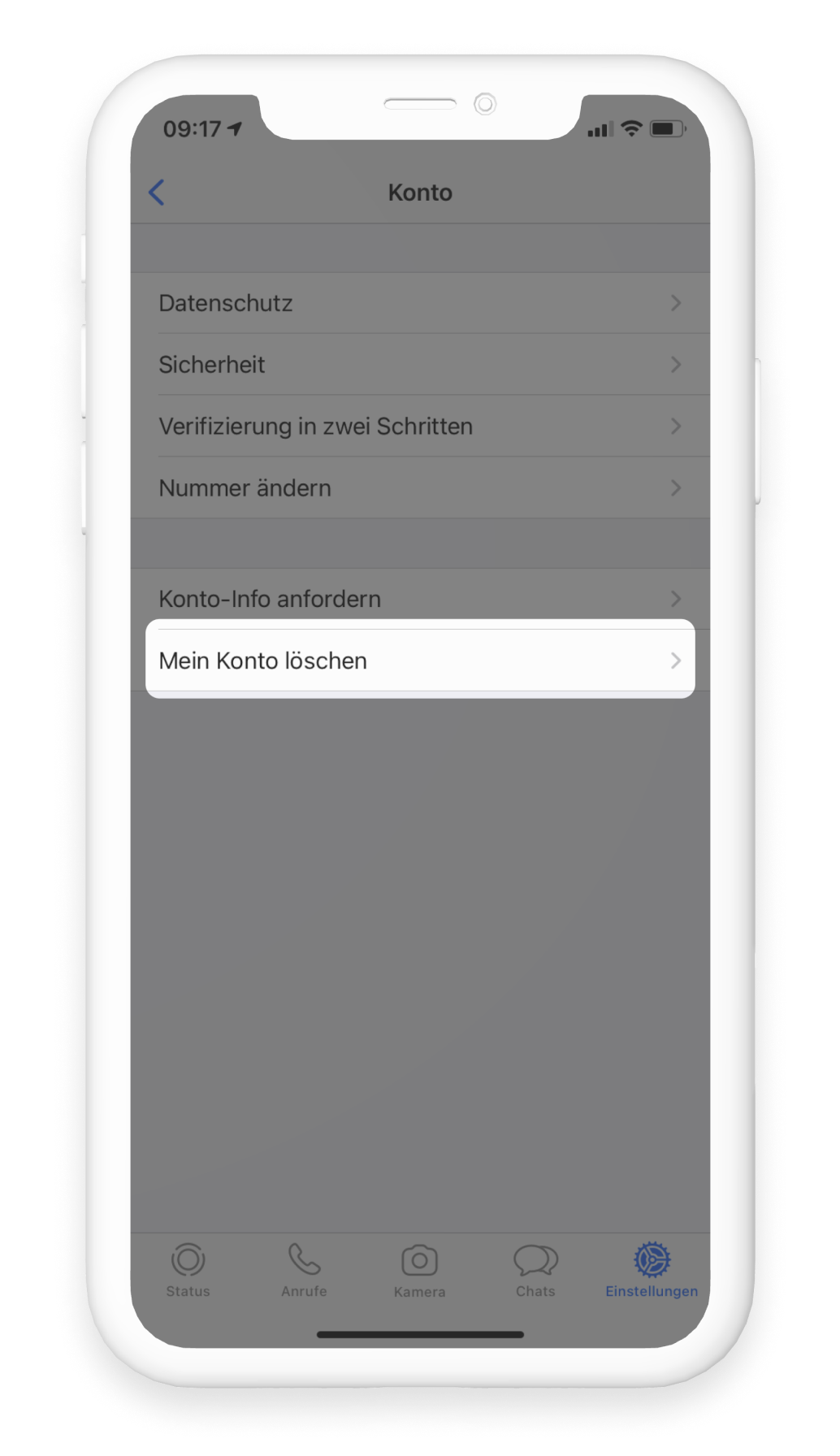 WhatsApp Bereich Einstellungen, Account, Meinen Account löschen rot umrandet