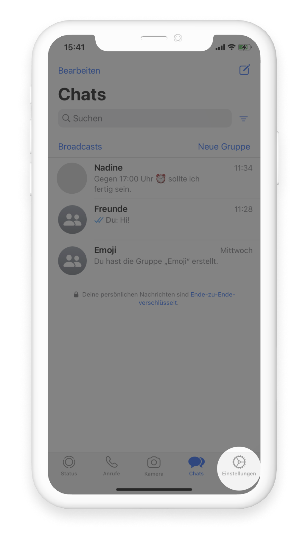 WhatsApp Chat Übersicht, Einstellungssymbol rechts unten rot umrandet