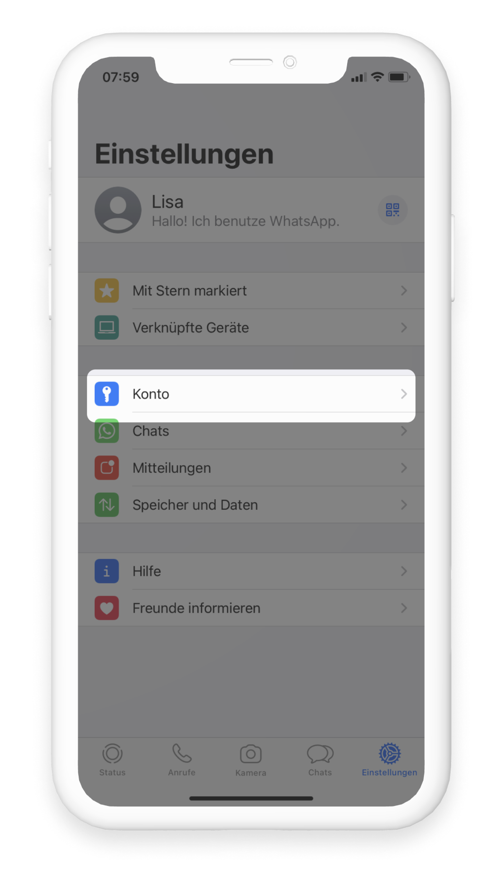 WhatsApp Bereich persönliche Einstellungen, Account rot umrandet