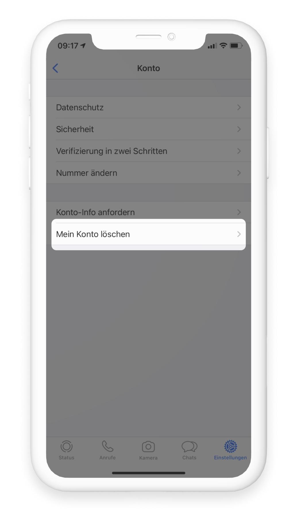 WhatsApp Bereich Einstellungen, Account, Meinen Account löschen rot umrandet