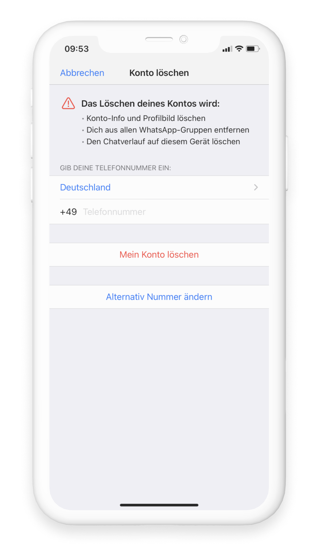 WhatsApp Bereich Account löschen, Telefonnummernfeld und Meinen Account löschen rot umrandet