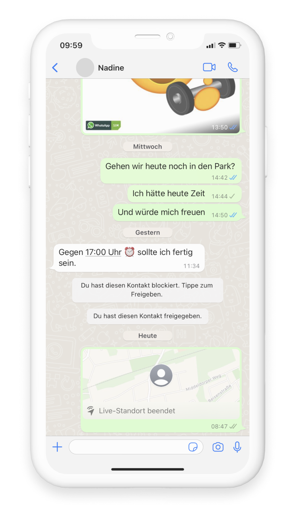 WhatsApp Chat mit gesendeten und empfangenen Nachrichten und Bildern