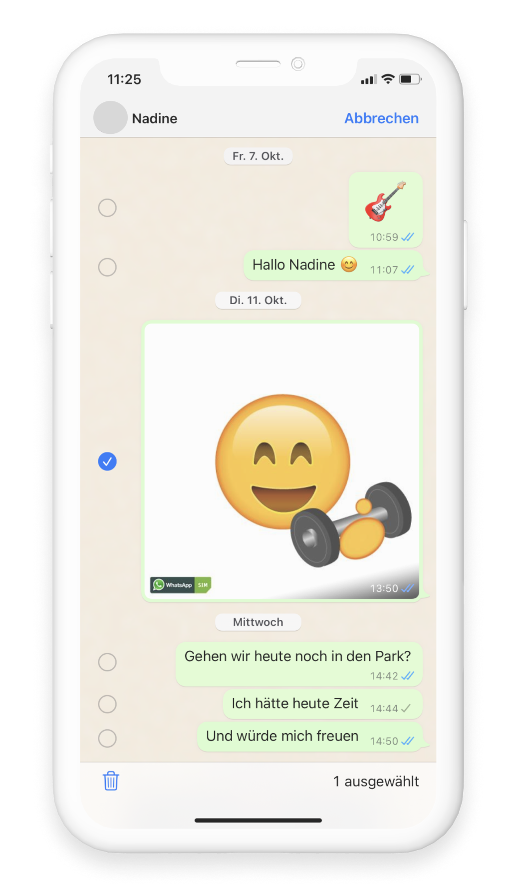 WhatsApp Chat mit gesendetem Bild, durch blauen Hacken ausgewählt 