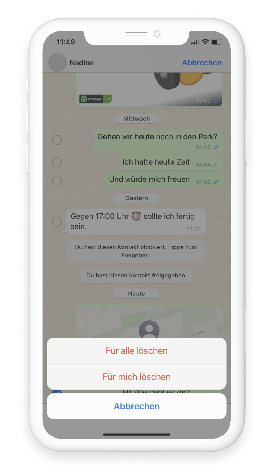 Ausgegrauter WhatsApp Chat mit Pop-up zu Nachricht Löschen