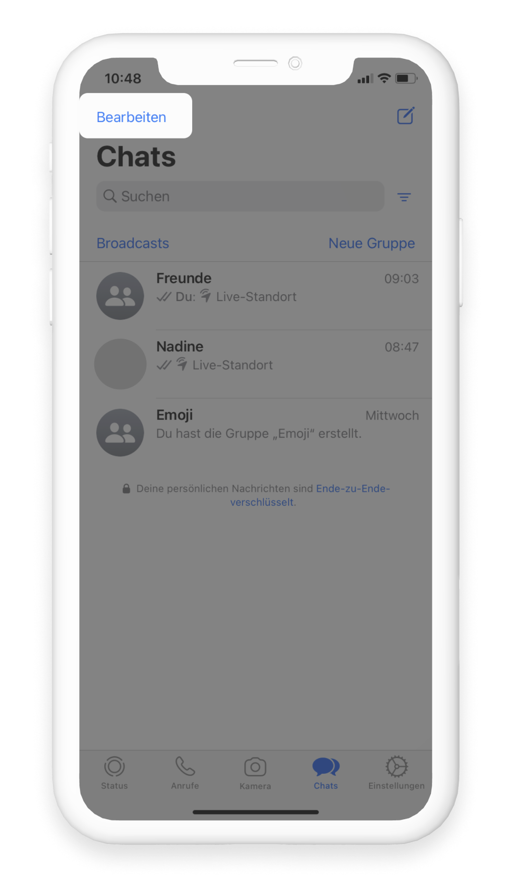 WhatsApp Chat Übersicht, Bearbeiten oben rechts rot umrandet