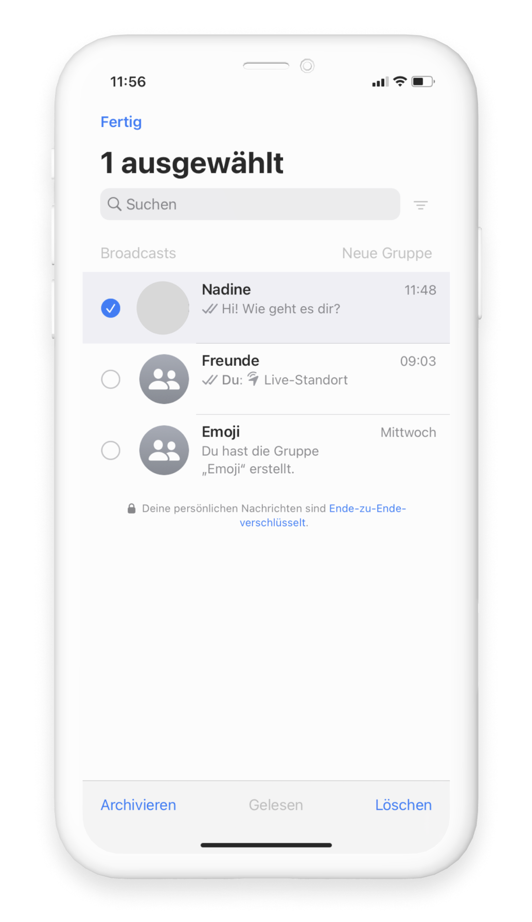WhatsApp Chat Übersicht, erster Chat mit blauem Hacken ausgewählt