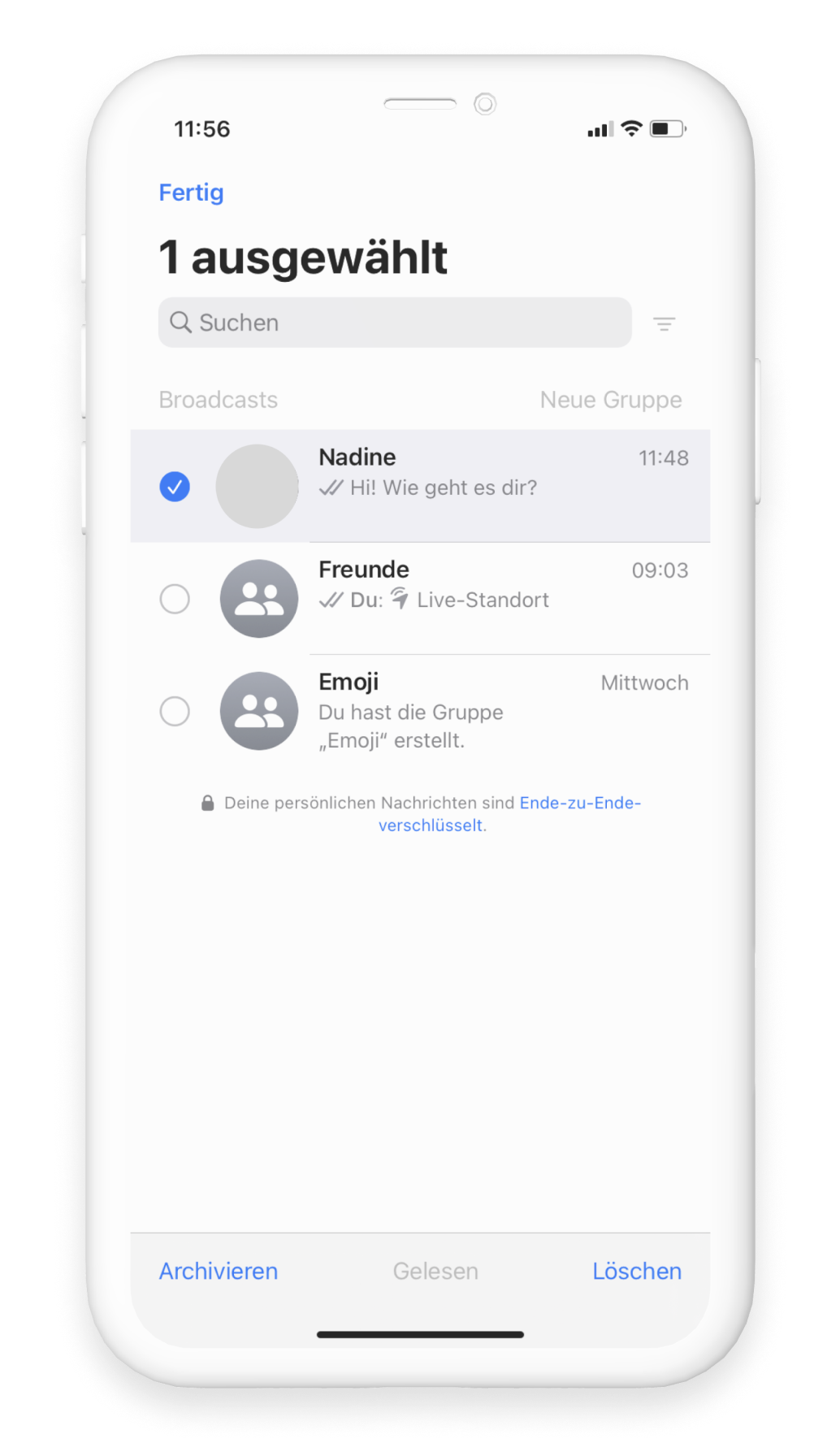 Ausgegraute WhatsApp Chat Übersicht, Pop-up zum Chat Löschen