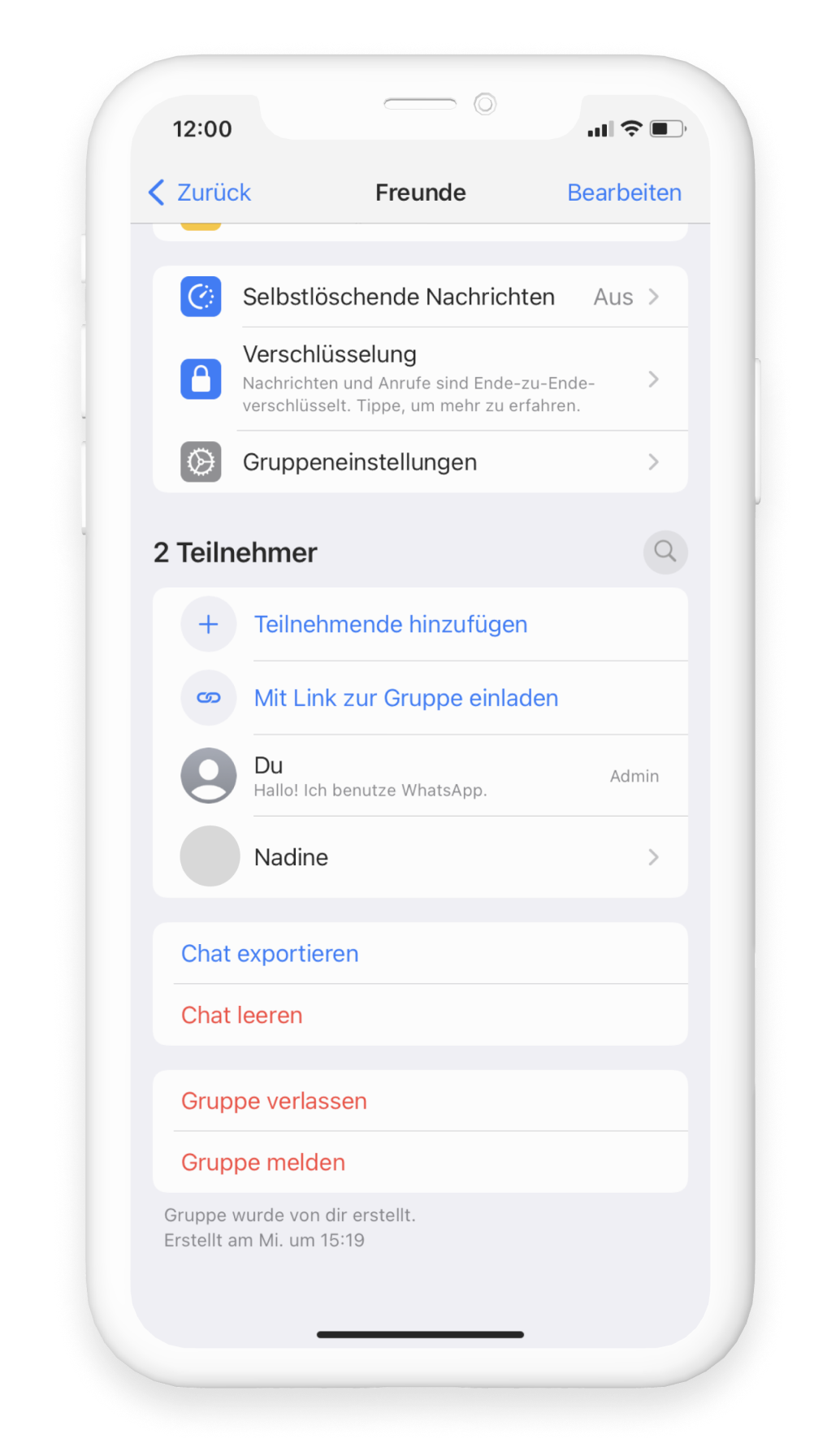 WhatsApp Gruppeninfo Übersicht zum Löschen eines Nachrichtenverlaufs