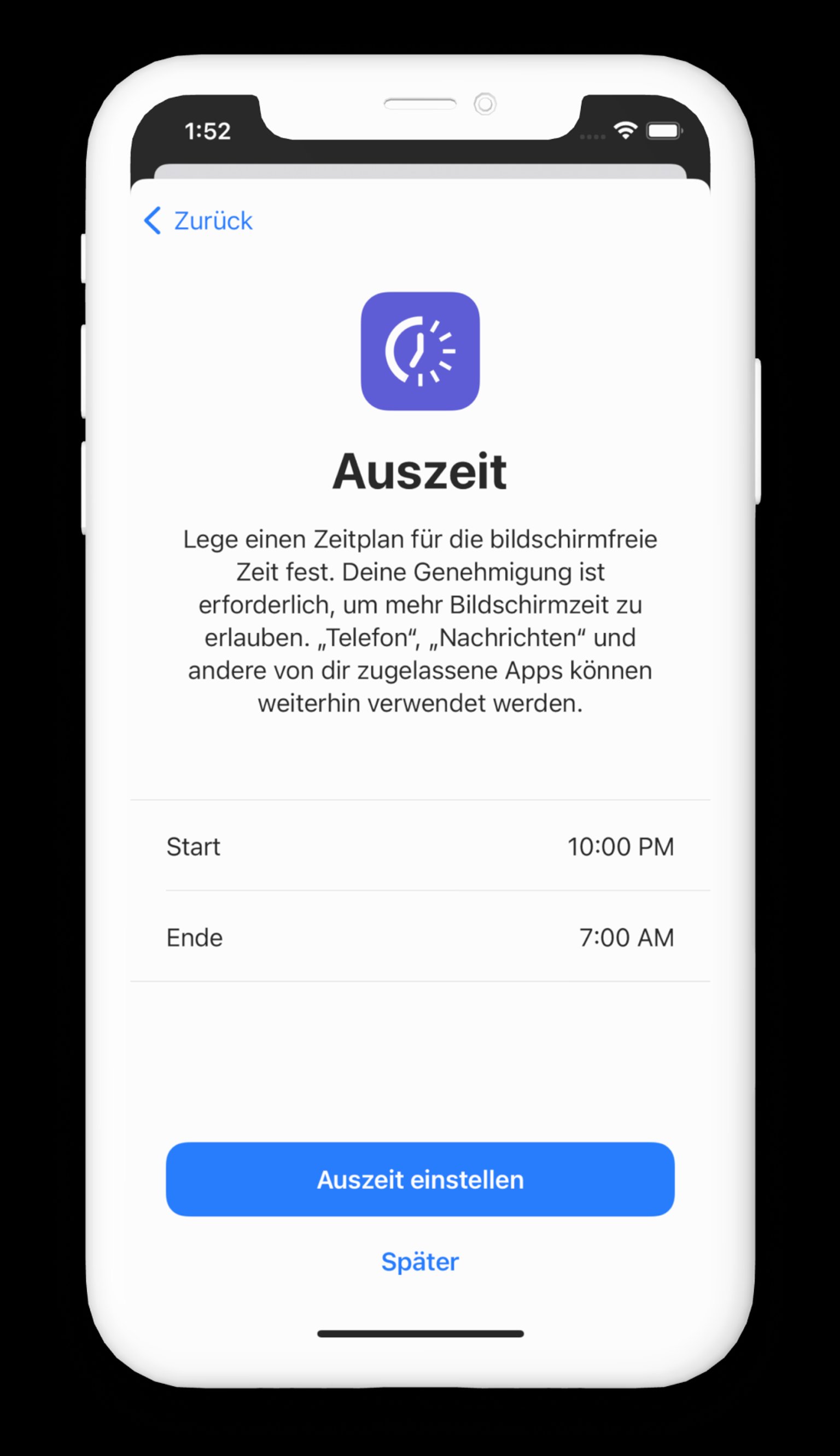 Screenshot der iOS-Einstellungen für eine Auszeit 