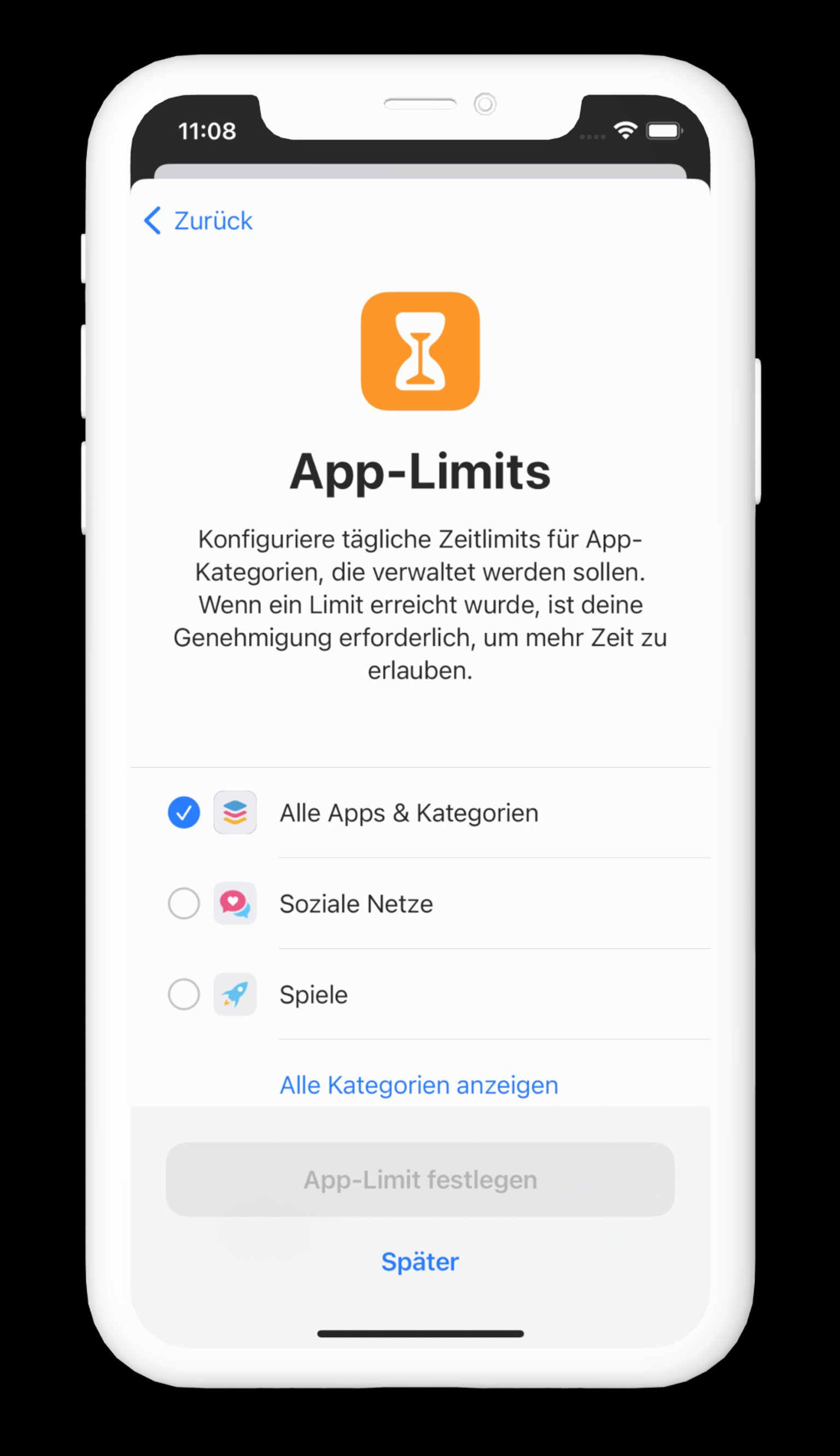 Screenshot der iOS-Einstellungen für App-Limits