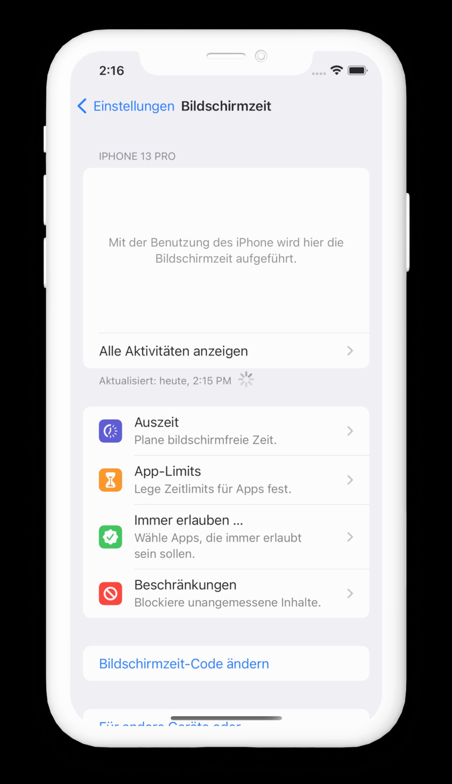 Screenshot der iOS-Einstellungen für Bildschirmzeit-Aktivitäten