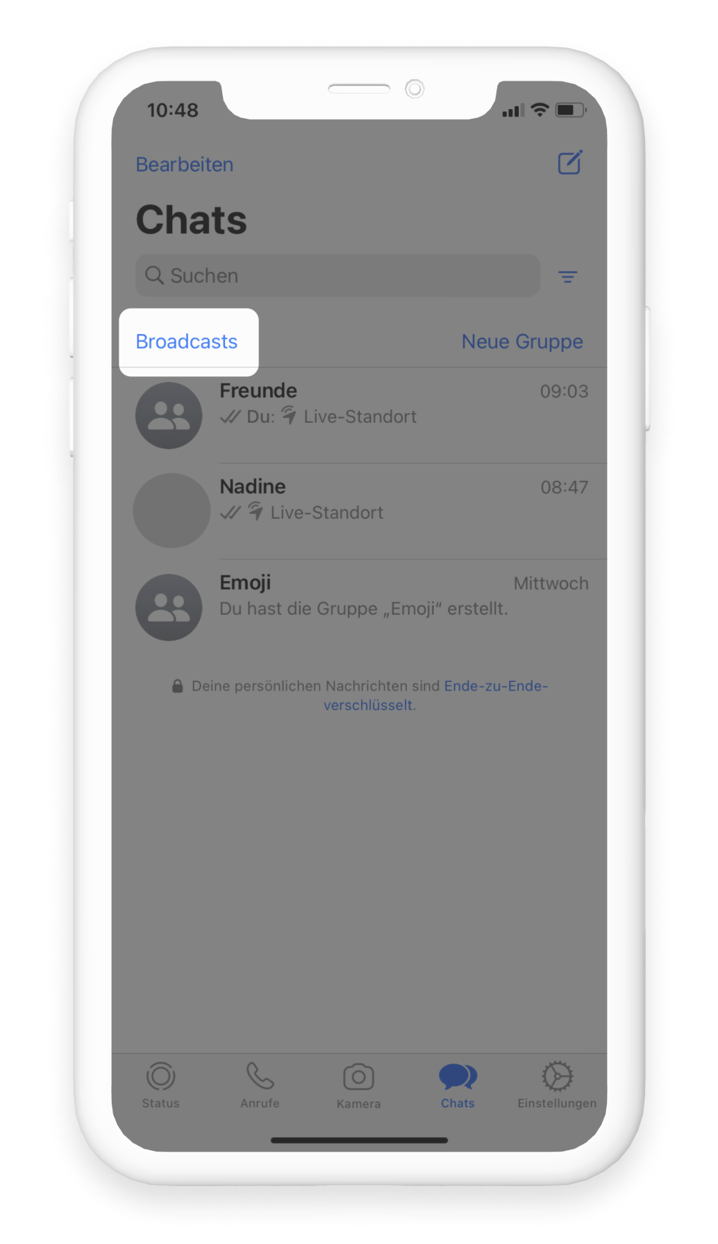 WhatsApp Chat Übersicht, Broadcast-Listen links oben rot umrandet