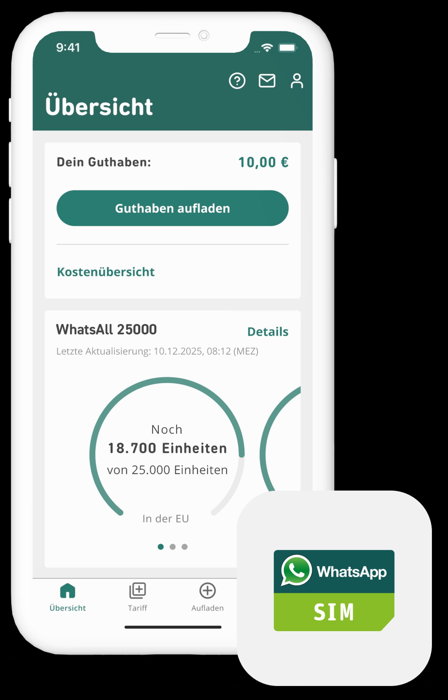 Screenshots der WhatsApp SIM App mit Tarifübersicht 
