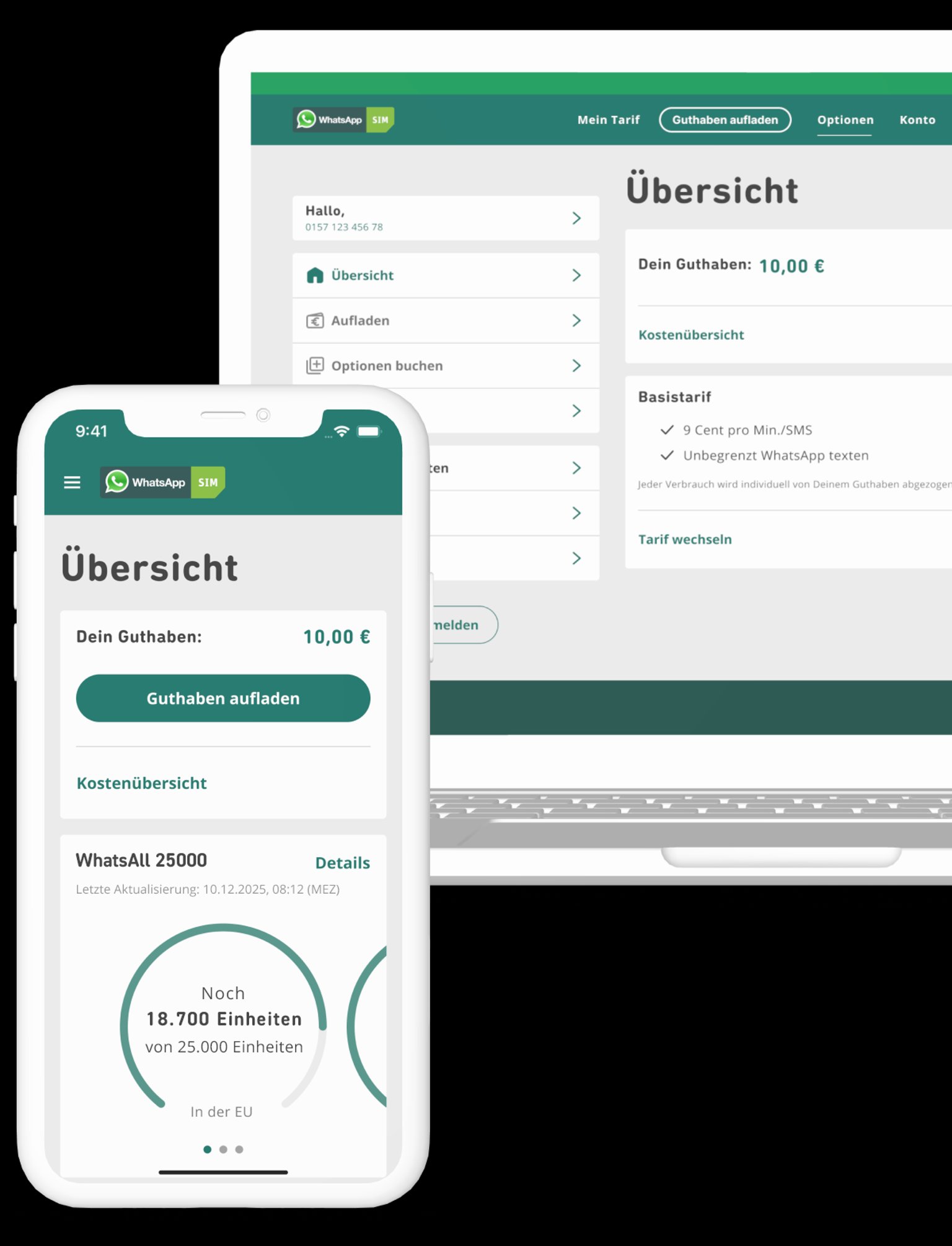 Screenshots der WhatsApp SIM App mit Tarifübersicht für Handy und Desktop Version 