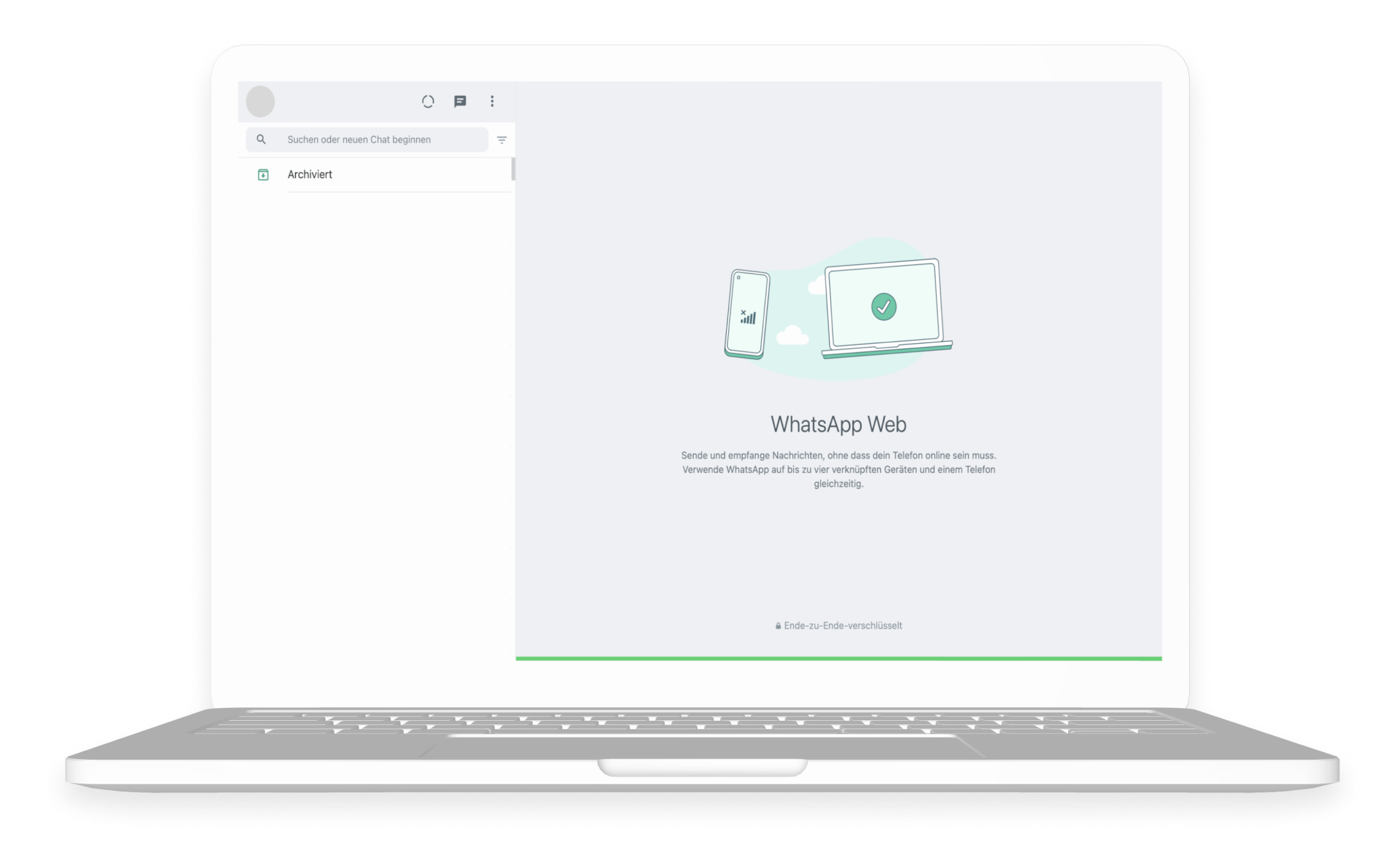 Auf dem Desktop ist die WhatsApp-Homepage geöffnet und es ist ein WhatsApp Web Chat-Fenster geöffnet.