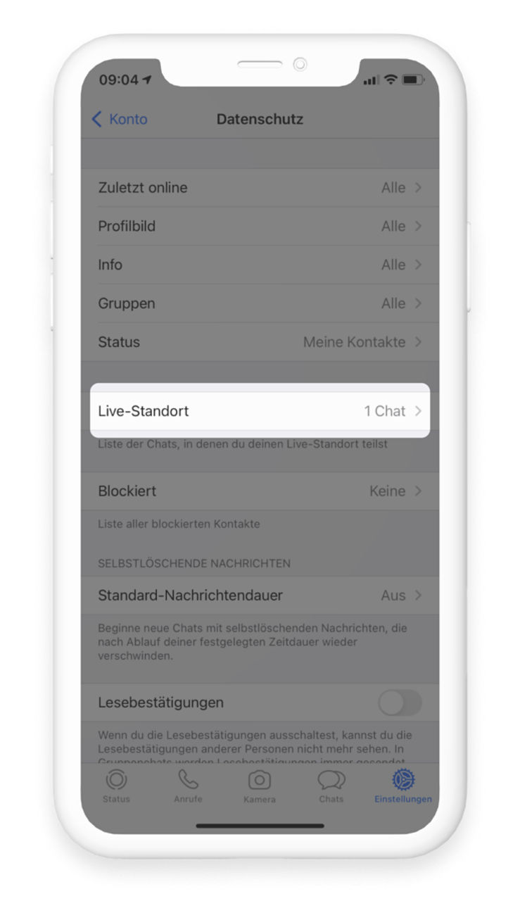 WhatsApp Bereich Datenschutz, Live-Standort rot umrandet