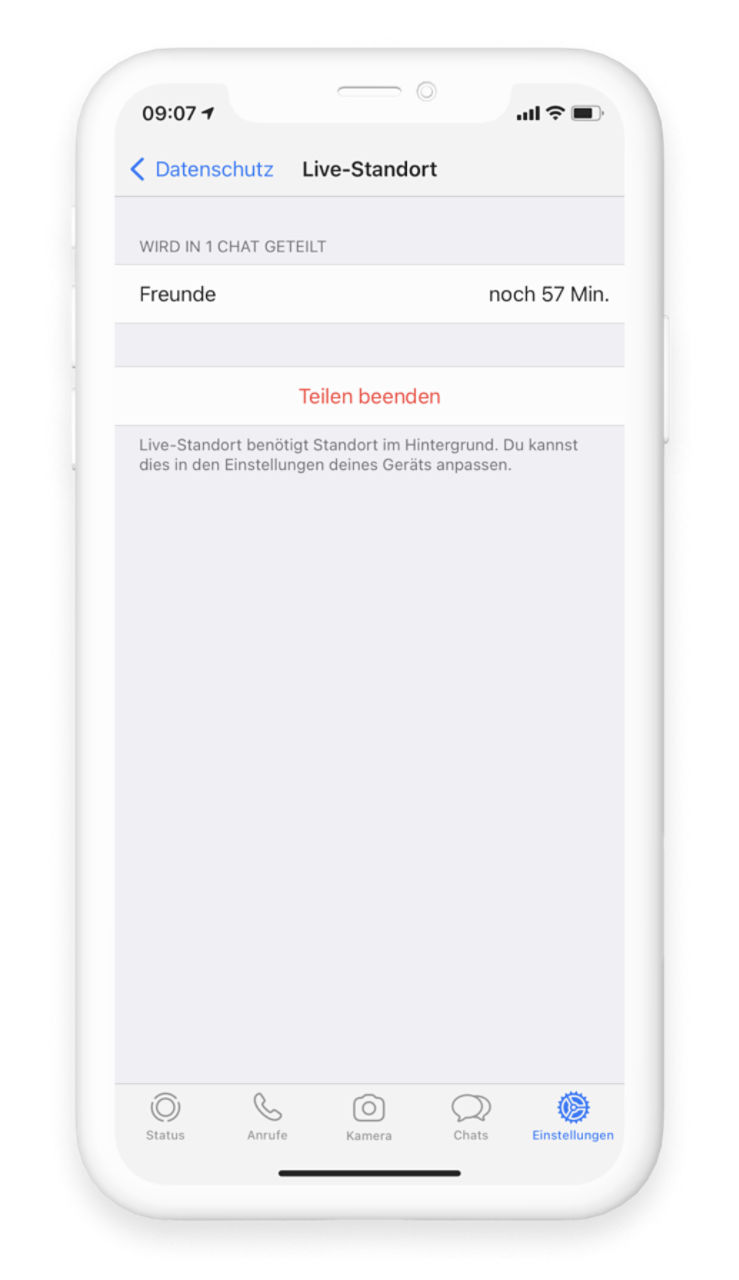 WhatsApp Bereich Datenschutz Live-Standort, Teilen beenden rot umrandet