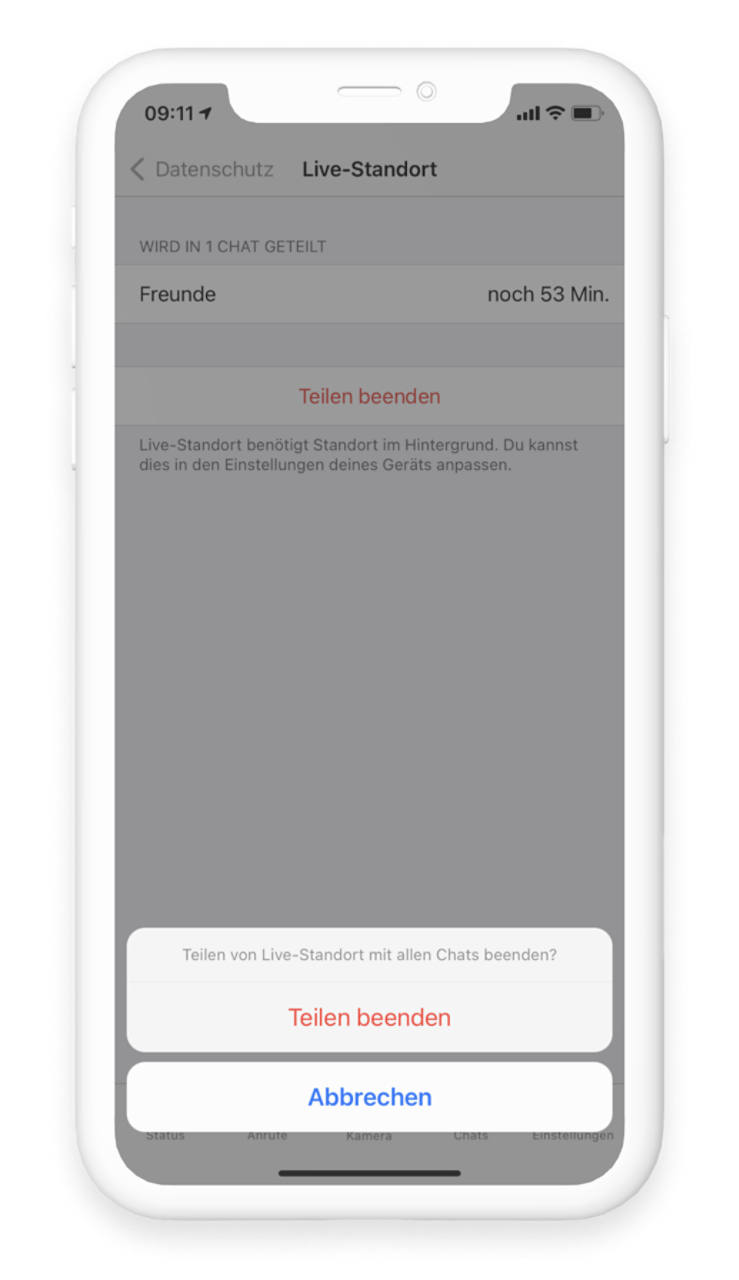 Ausgegrauter WhatsApp Bereich Datenschutz Live-Standort, Pop-up Teilen beenden rot umrandet