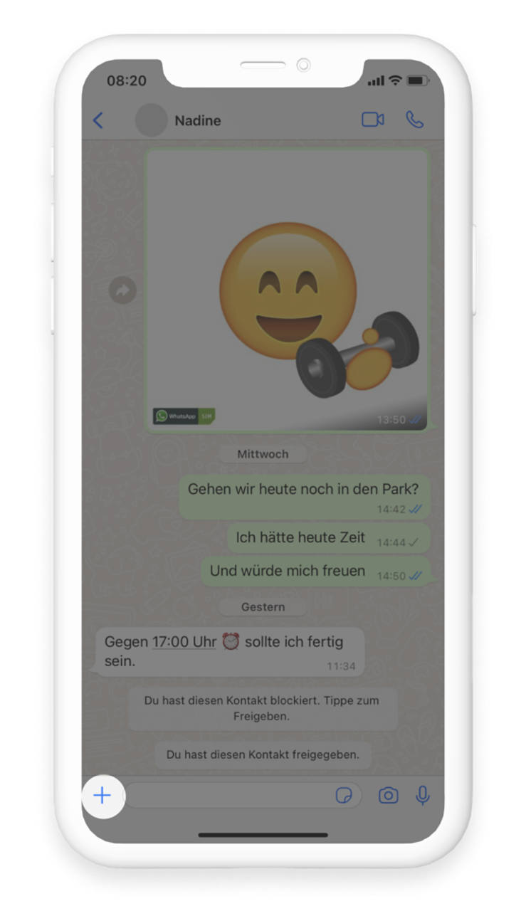 WhatsApp Chat Fenster, blaues Plus links unten im Fenster rot umrandet