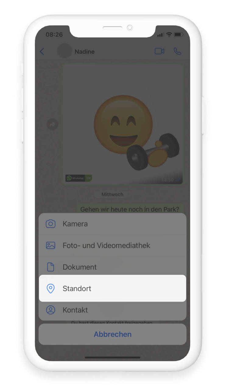 WhatsApp Chat Fenster, Pop-up Fenster offen, Standort zum Teilen rot umrandet
