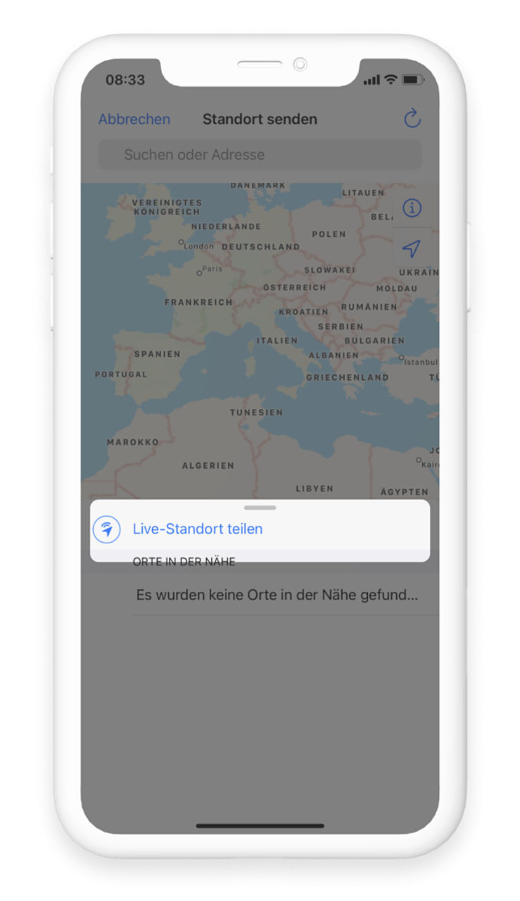 WhatsApp Chat Bereich Standort senden, Live-Standort senden rot umrandet