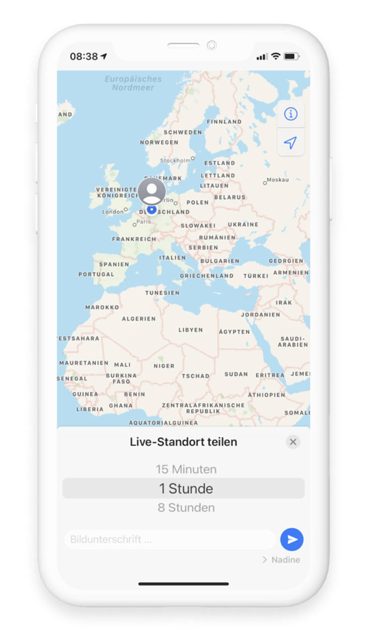 WhatsApp Chat Bereich Standort senden, Live-Standort mitteilen, verschiedene Zeiten rot umrandet