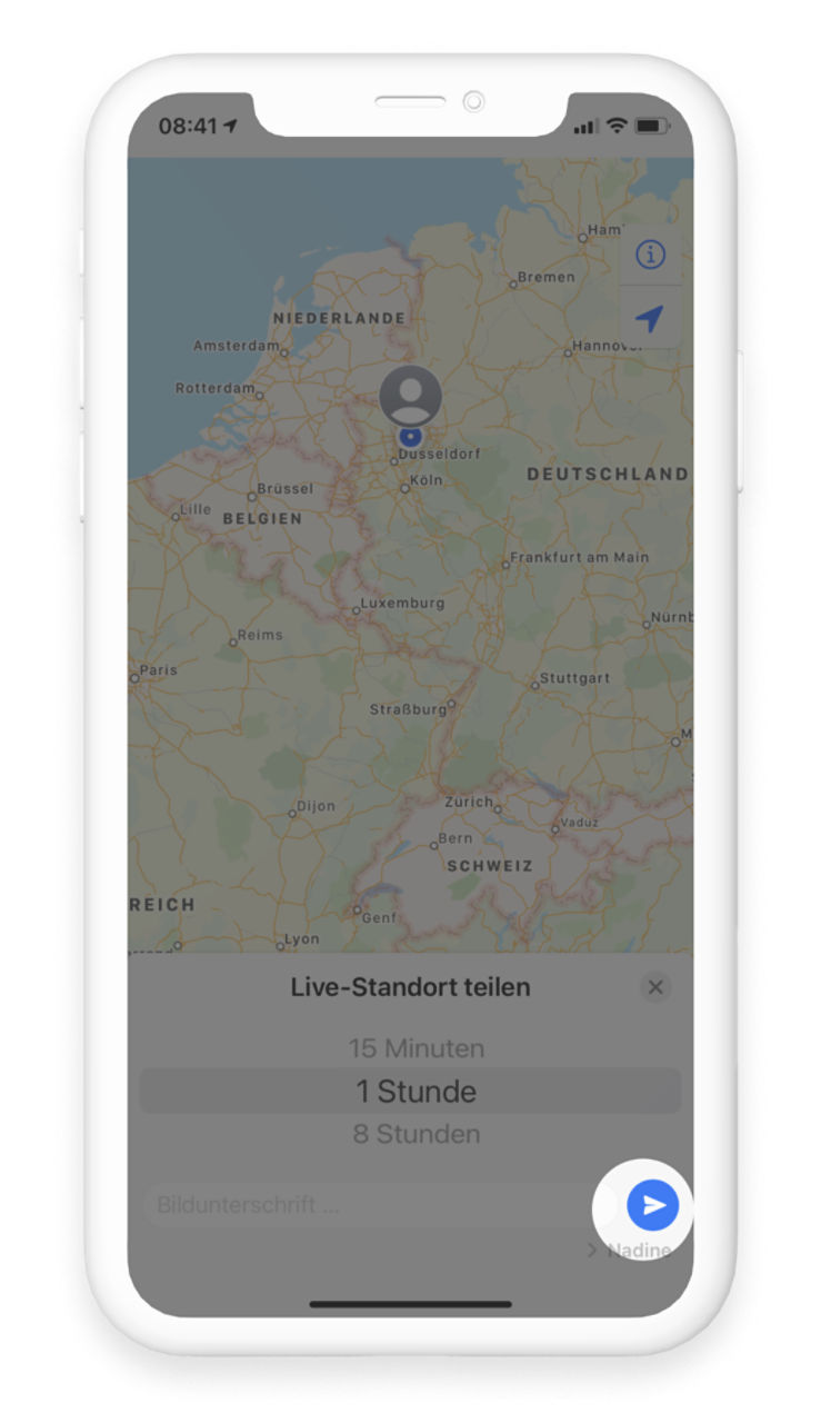 WhatsApp Chat Bereich Standort senden, Live-Standort mitteilen, verschiedene Zeiten, Sendepfeil rot umrandet