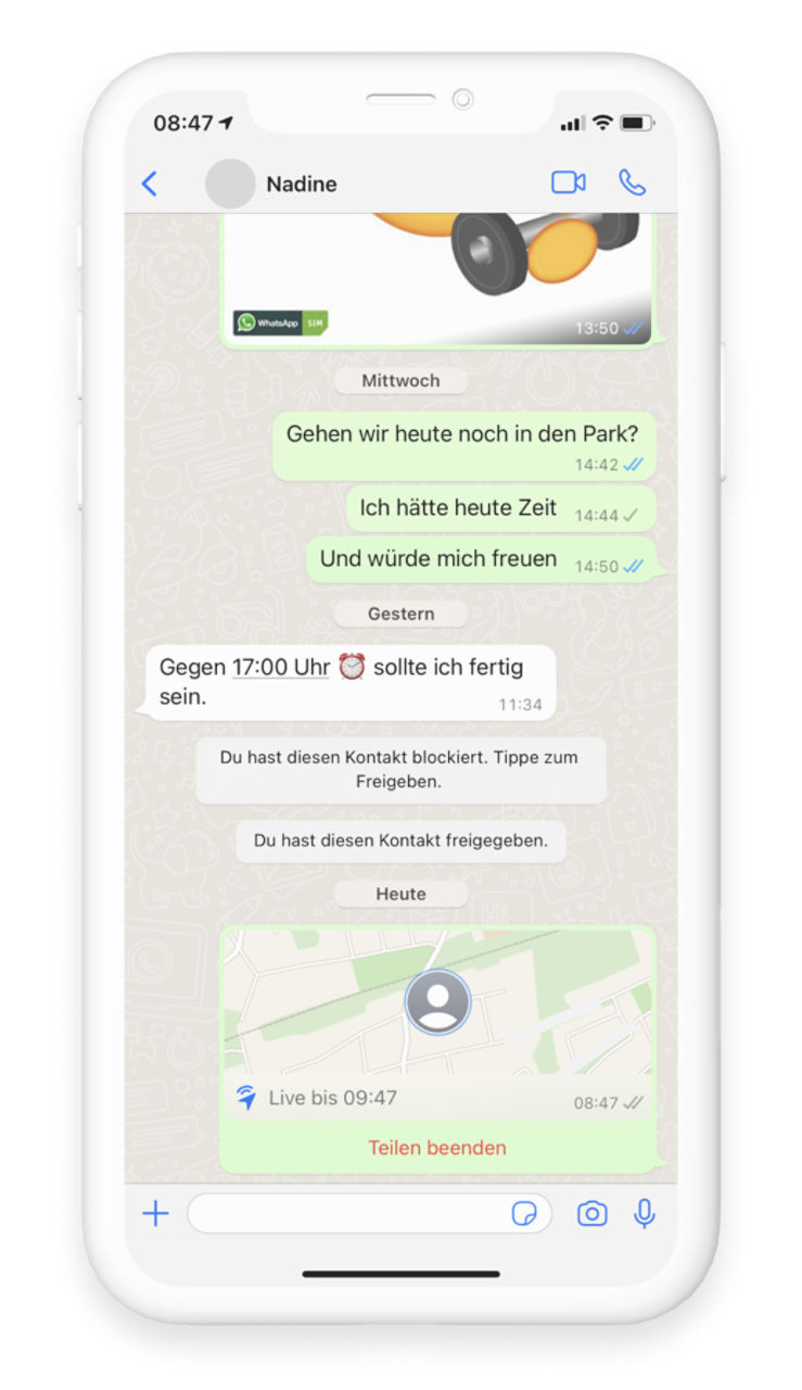 WhatsApp Chat Fenster mit geteilter Karte und Standort, Teilen beenden rot umrandet