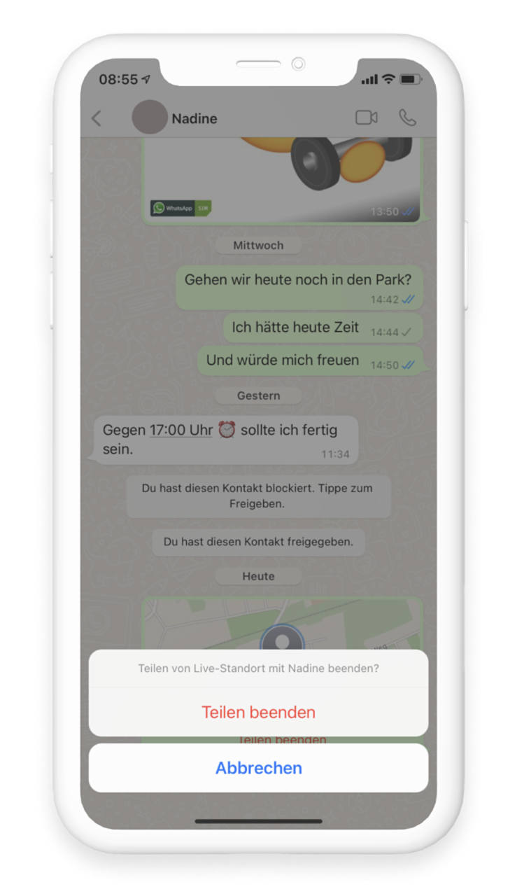 Ausgegrautes WhatsApp Chat Fenster mit geteilter Karte und Standort, Teilen beenden als Pop-up