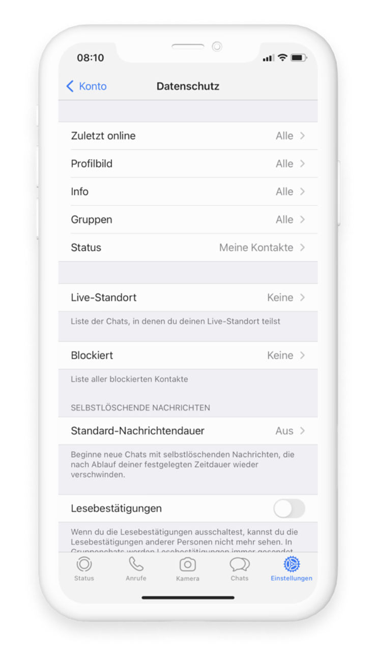 WhatsApp Übersicht Datenschutzeinstellungen für Lesebestätigungen